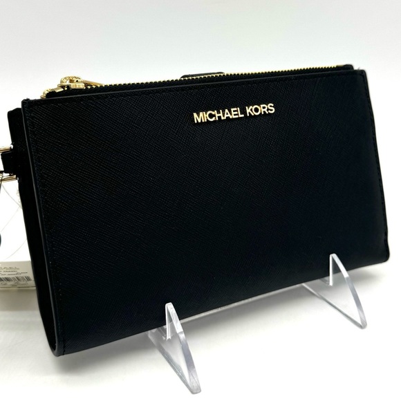 Michael Kors Large Double Zip Wallet Black/Gold - Picture 3 of 7